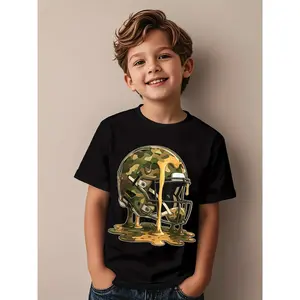 Boys' Football Drip Camo Graphic T-Shirt - Camouflage American Football Design with Dripping Yeezus Lettering & Football Helmet Print, Casual Streetwear Short Sleeve Round Neck Tee for, Machine Washable All-Season Comfort