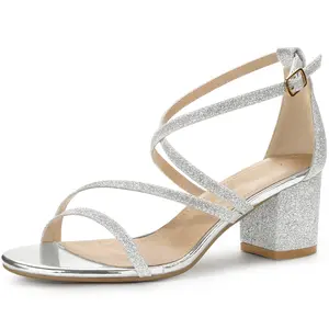 BLISSFUL STEP Women's Glitter Crisscross Strap Chunky Heels Sandals
