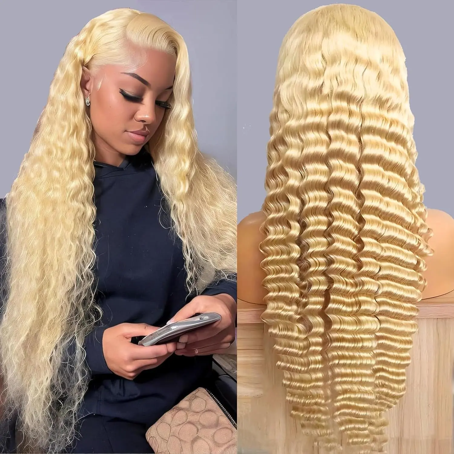 613 Deep Wave 13x6 Lace Front Wig 100% Human Hair 28 Inch Blonde Deep Wave Wig 180% Density 613 HD Lace Frontal Wig For Women Blonde Wigs Human Hair Pre Plucked With Baby Hair