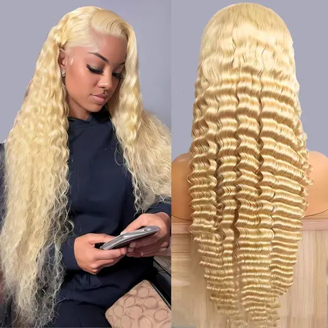 613 Deep Wave 13x6 Lace Front Wig 180% Density Human Hair 30Inch Blonde Deep Curly Wig 613 Lace Frontal Wig For Women 28 Inch Blonde Deep Wigs Human Hair Pre Plucked With Baby Hair