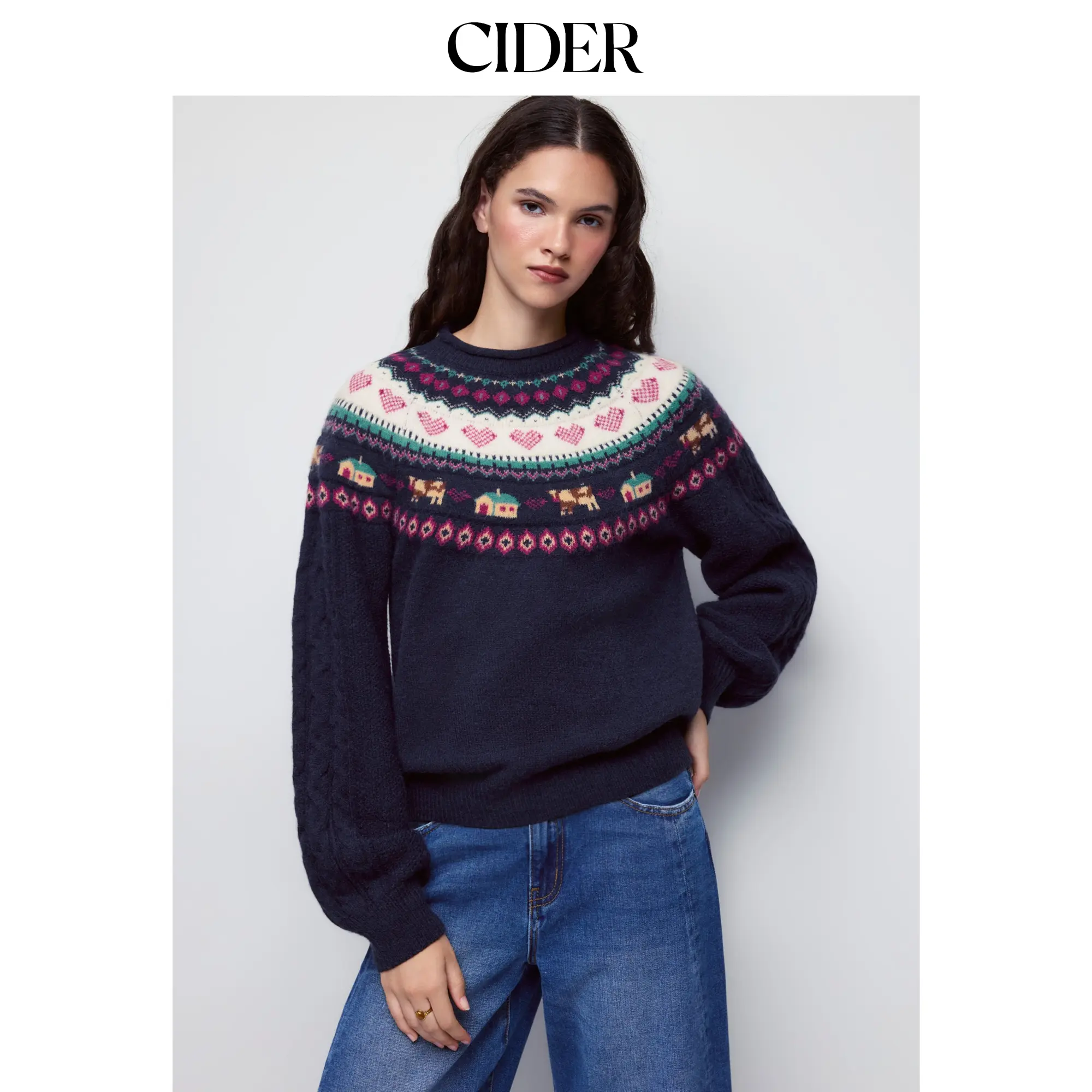 Cider Cable Knit Cow & Heart Graphic Jacquard Oversized Sweater