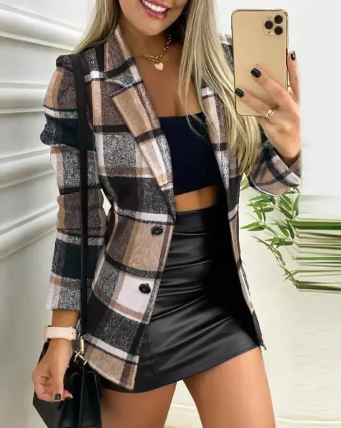 Plaid Print Button Front Long Sleeve Coat Casual Jacket Lady Outfits Autumn and Winter Women's Fashion Coat