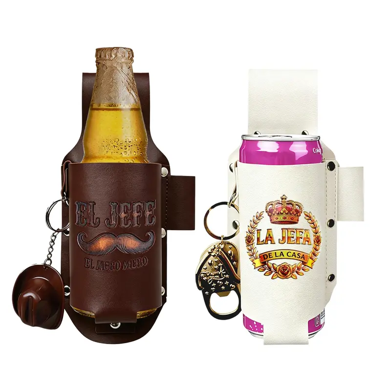 Leather Drink Holder with Bottle Opener - El Jefe/La Jefa Embossed, Hands-Free Slip-On Drink Carrier, Rustic Cowboy Hat-Themed Drinkware Accessory, Grilling Gift for Adults (Father's Day, Boss's Day, Birthday)