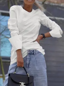 UOOZEE Women's Woven Fabric Round Neck Long Sleeve Fitted T-Shirt - Comfortable Fit Everyday Casual Top, Stylish Versatile Ladies' Clothing Womenswear