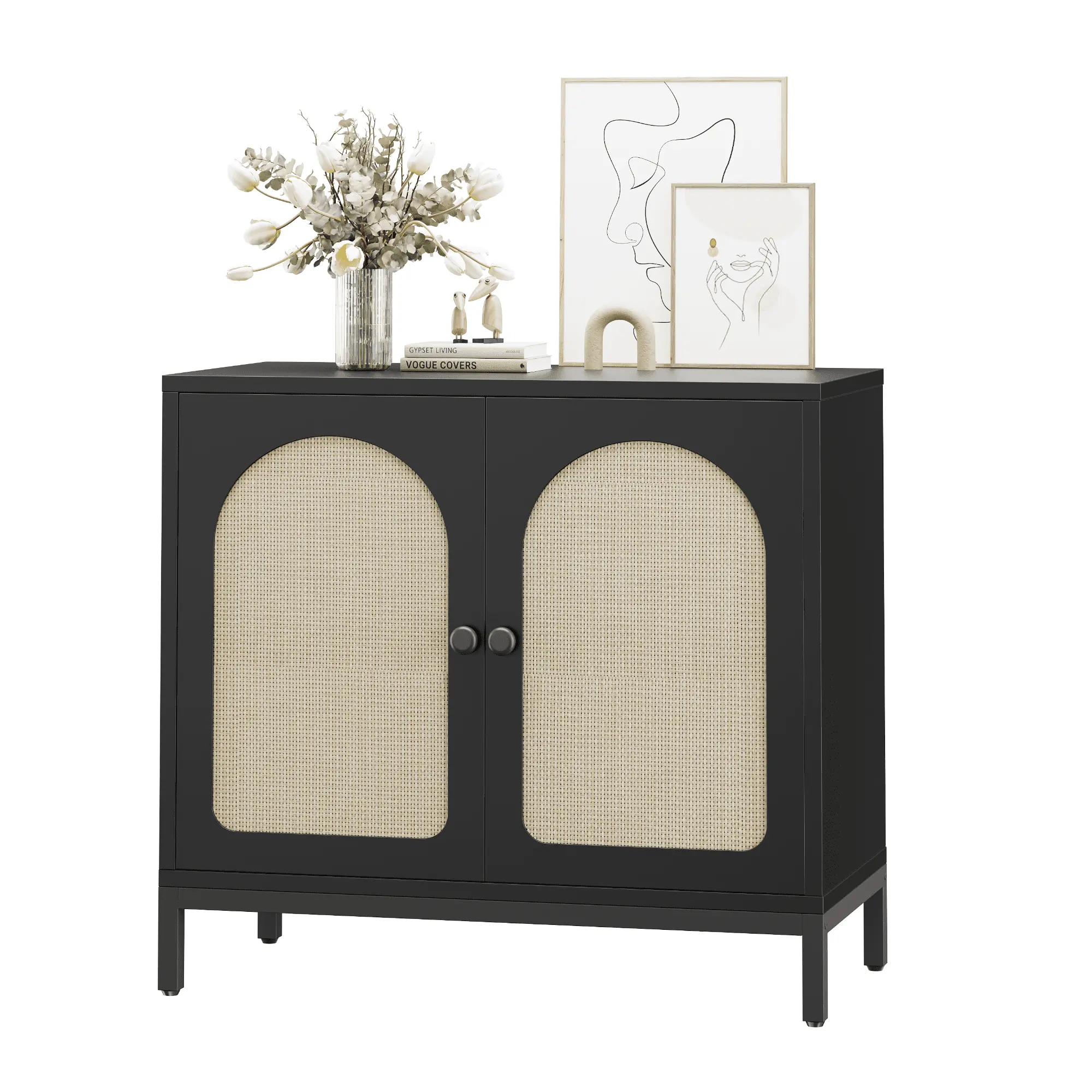 Gaomon Black Wood Grain Sideboard Cabinet - Double Arched Doors, Elegant Rattan Arch Design, 3-Level Adjustable Shelves, Assembly Required, Easy Maintenance Storage Organizer for Living Room, Dining Room