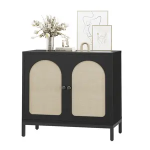 Buffet Cabinet with Storage  Kitchen Sideboard Console Table Adjustable Shelf  Two-Door Rattan Accent Cabinet with Arch Carving  for Living Room  Hallway  Dining Room  Black