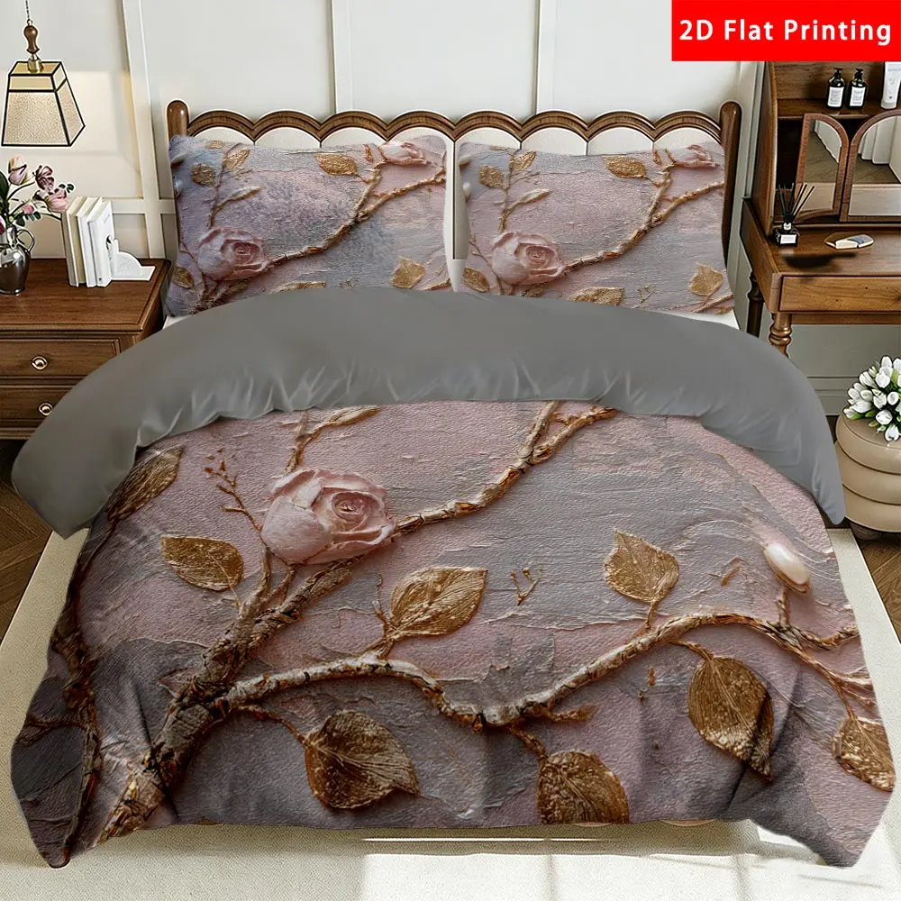 2/3 Pcs 2D Flat Elegant Rose and Gold Foil Branches Milk Velvet Duvet Cover Set，Rose and Gold Bedding Set Quilt Cover 1 Duvet Cover + 1/2 Pillowcases，Rose Gold Decorative Bedding Bedroom Decor The Preferred Pick for Bedding