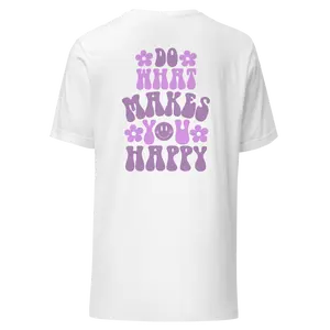 Women's Smiley Face Flower Retro Trendy Gift Motivational Quote Graphic Do What Makes You Happy T-Shirt: Standard and Plus Size Tee