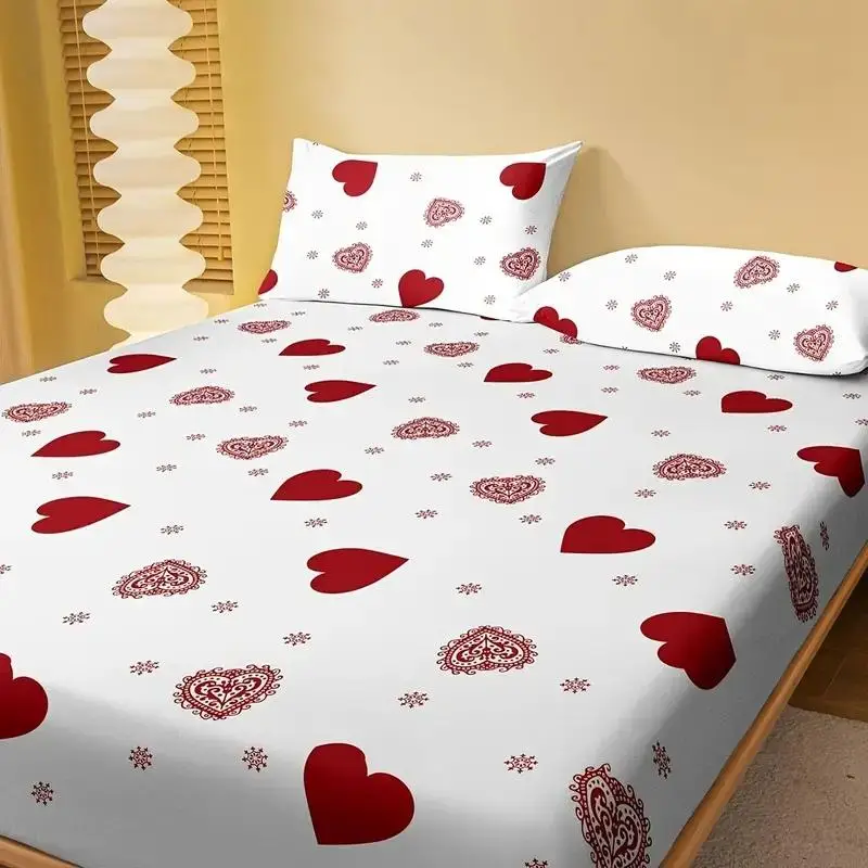 Heart Print Fitted Sheet Set, 1 Count Elastic Fitted Sheet & 2 Counts Pillowcase without Filler, Soft Comfortable Bedding Set for Home Bedroom Hotel,