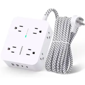 Flat Plug Surge Protector Power Strip With 5 Ft Flat Extension Cord, 4 USB Charging Ports (3 USB A Ports & 1 USB C Ports), 8 AC Outlets, Compact Desk Charging Station Wall Mount For Home, School, Dorm, Office, Travel