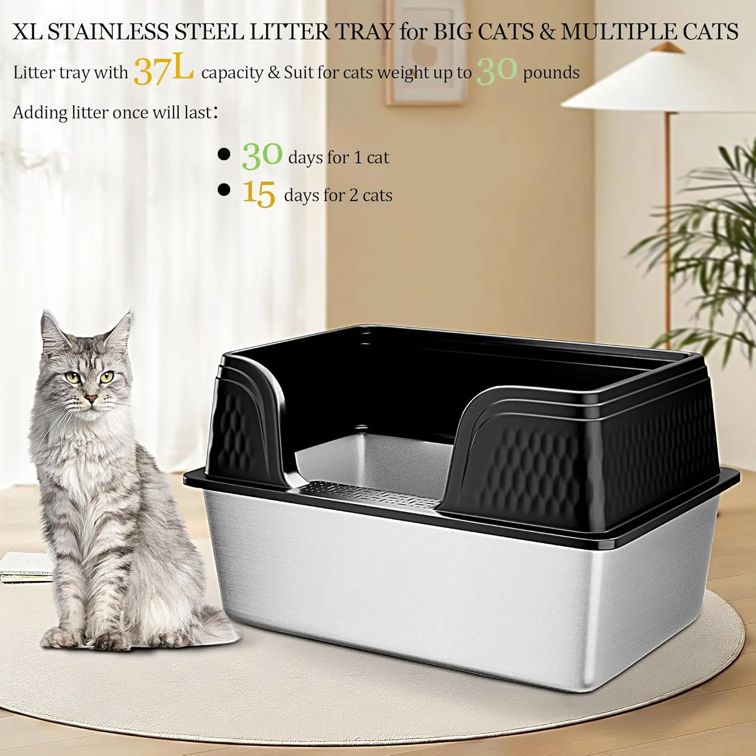 XXL Stainless Steel Litter Box High Sided with Lid 23.7" L x 16" W x 12" H  Side Entry Metal Litter Pan with Scoop and Mat for Big Cats Black - TikTok