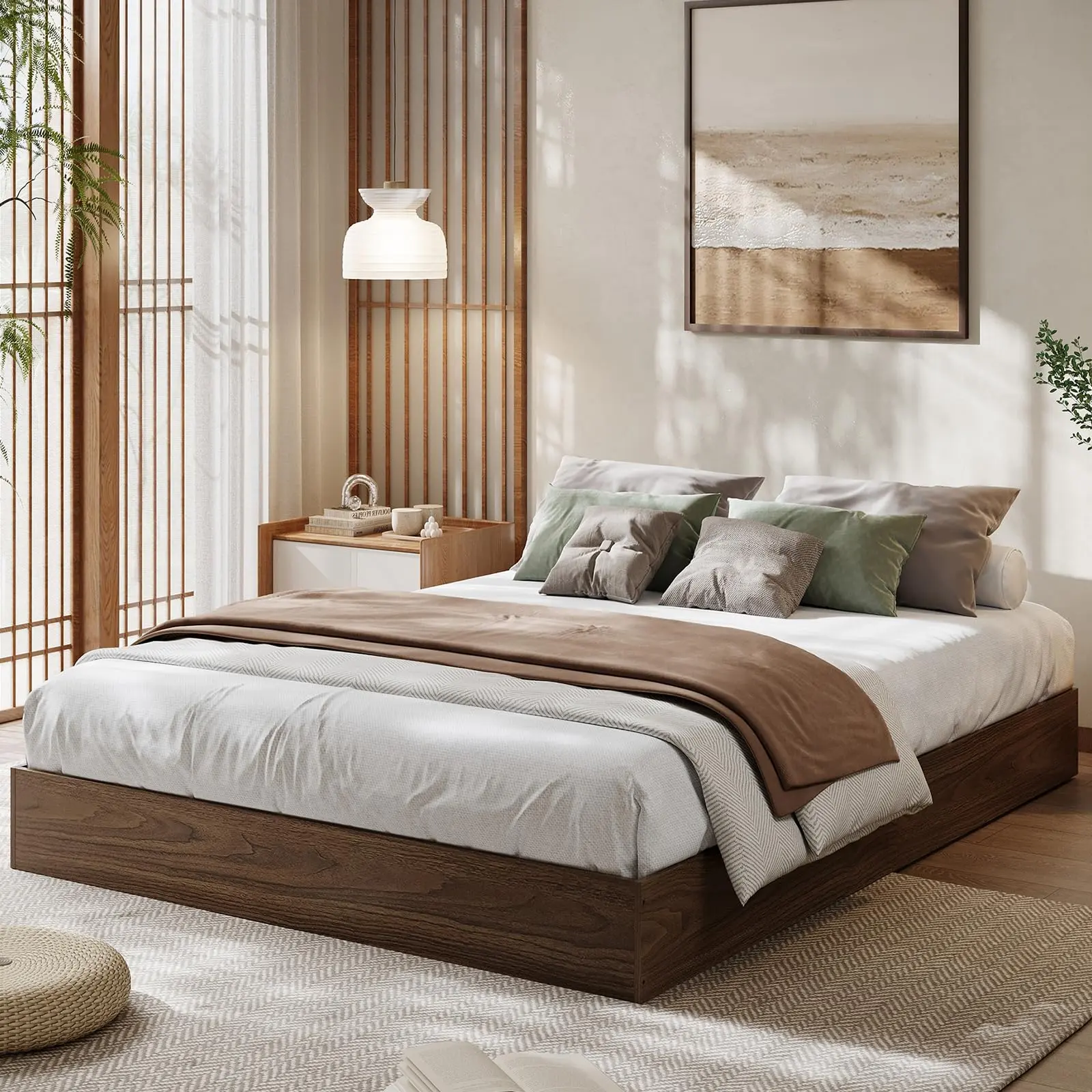 Garvee California King Wooden Bed Frame with Platform, No Headboard, Solid Walnut Wood Slat Support, No Box Spring Needed, Easy Assembly