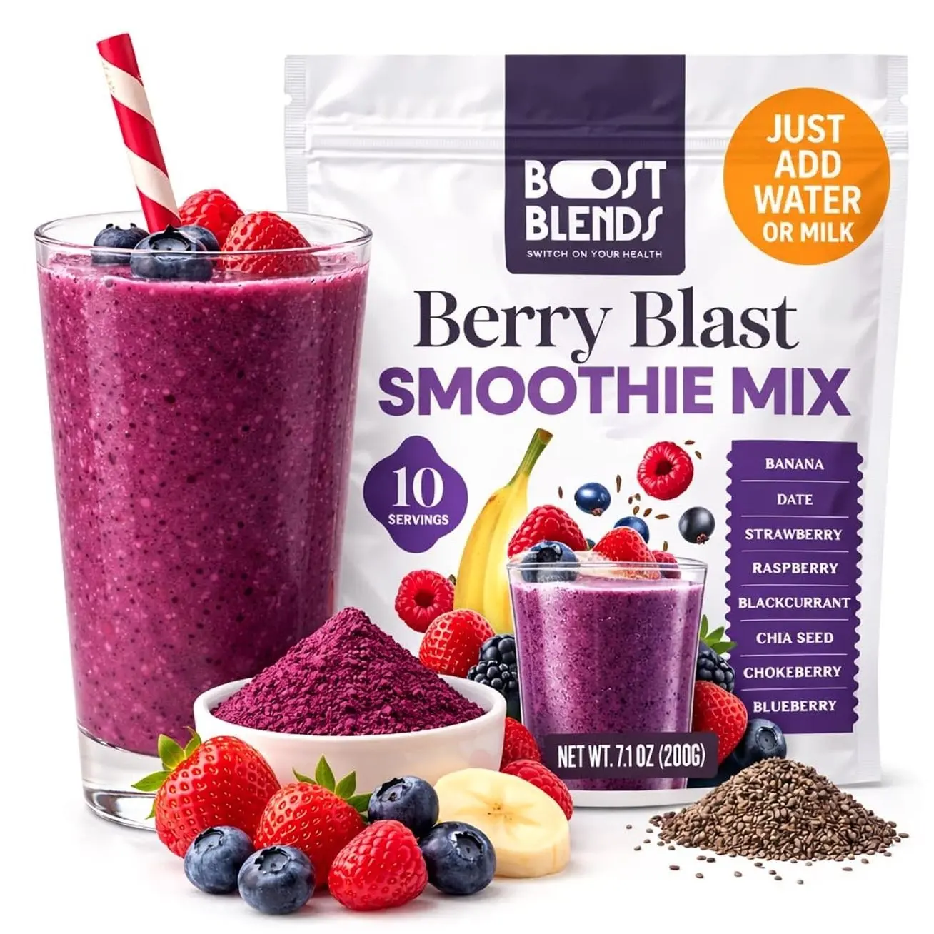 Berry Blast Smoothie Mix – Freeze Dried Fruit Smoothie Powder for Smoothies & Shakes, Just Add Water or Milk, 10 Servings