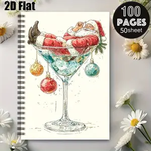 1 Christmas Cocktail Themed Spiral Coil Notebook, 5.7x8.26 Inch, Santa Claus Design, Festive Holiday Journal, Xmas Party Planner, Winter Celebration Notes, Gift for Christmas Lovers, Holiday Season Writing Notebook [2D] Flat