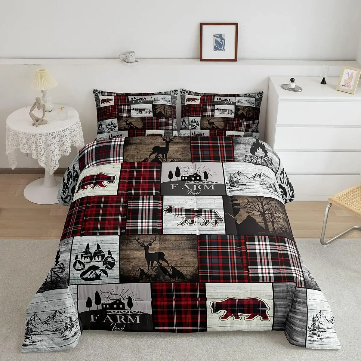 Feelyou Multi-Size Microfiber Duvet Insert Bed Set - Western Bedding Set with Cabin Hunting Motif, Animals (Elk, Deer) Prints, Buffalo Plaid Christmas Stripes Patches, Cozy Setup for RV Camping