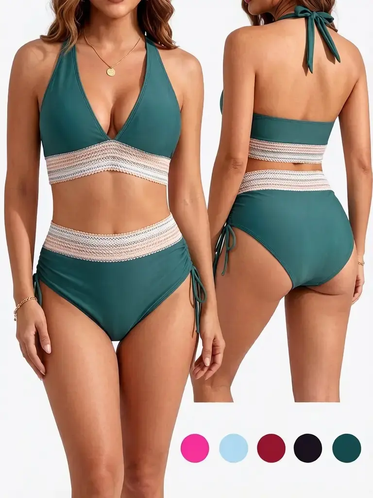 Women's Triangle Bikini Set, 2-Piece High-Waisted Halter Swimsuit with Tummy Control for Beach Holiday, Swimsuits