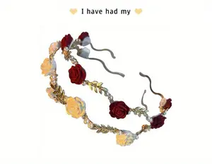 CHUCHUACC Fashion Headband Rose Light Luxury Pearl Hairpin Super Fairy Flower Headband Out of Small Fresh Hair Accessories with Red Velvet Flowers and Gold Accents