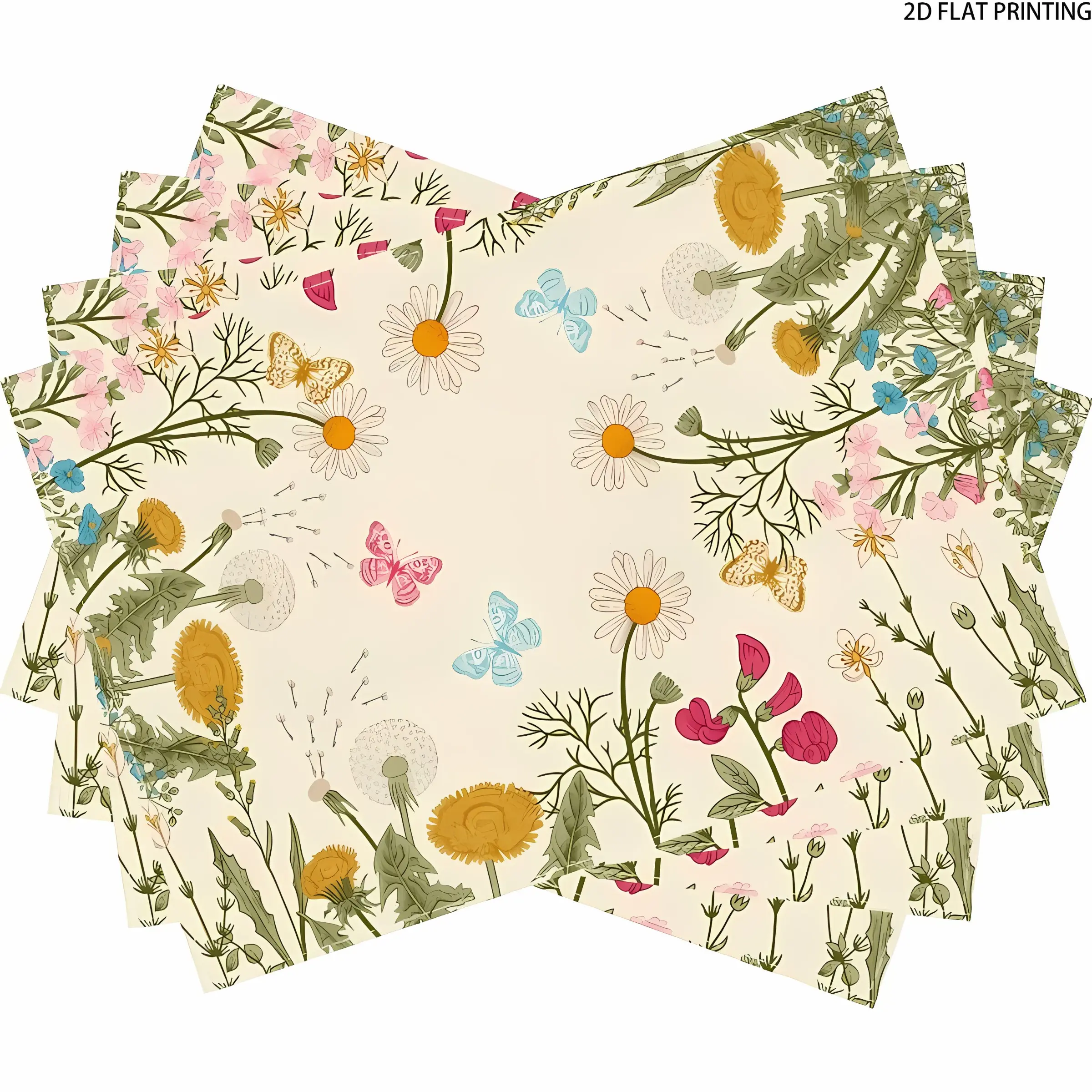 2D flat printing, 2-piece/4-piece set, rustic style table mat, Floral pattern placemat, spring theme, colorful flower and butterfly pattern table mat, suitable for kitchen, dining room, home decoration, parties, wedding banquet tables
