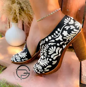 Cecilia Mexican Leather Ankle Cut Boots - Mexican Artisanal Embroidered Flower Leather Block Heel