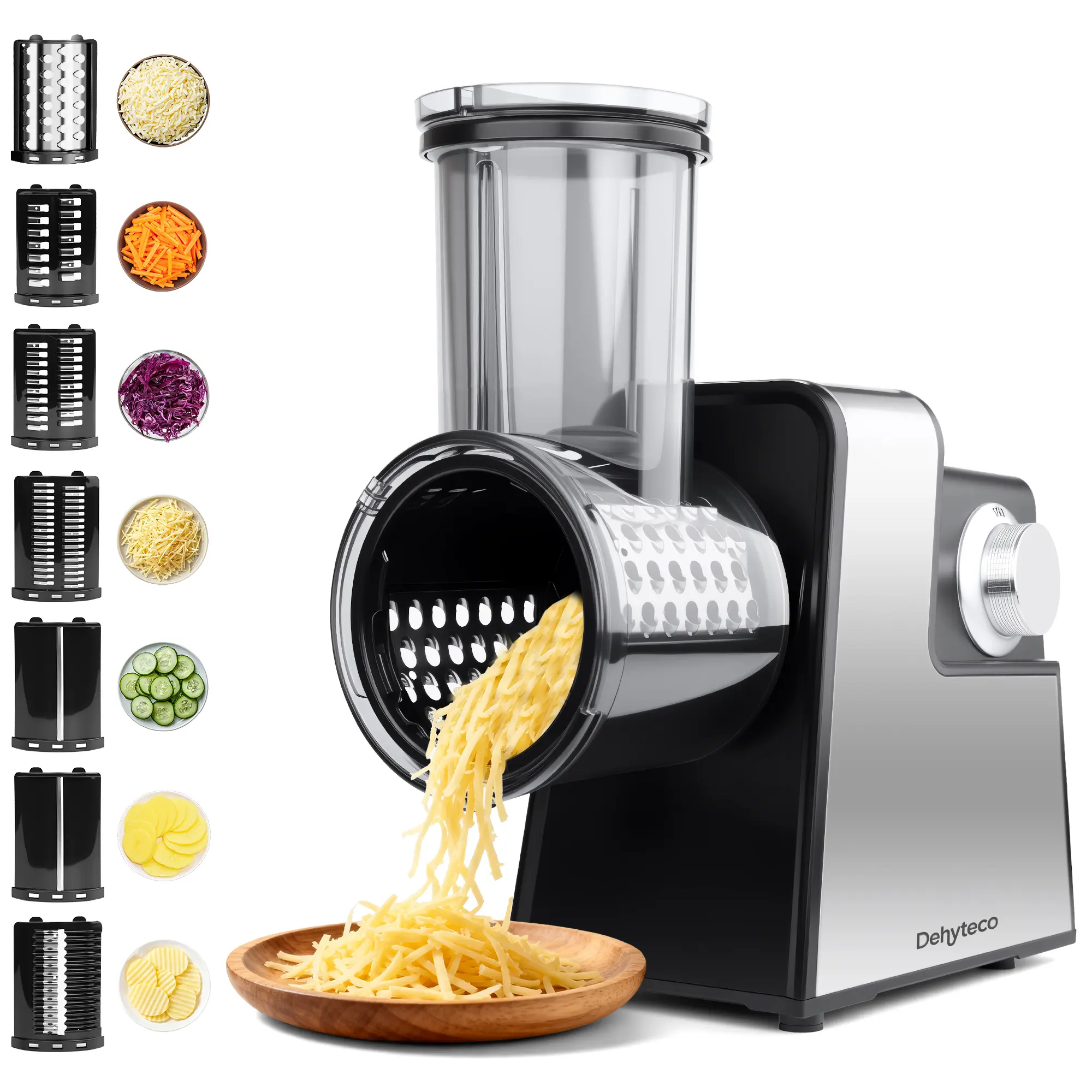 Electric Cheese Grater 7 in 1,Stainless Steel Salad Shooter,Slicer Shredder | 300W, Rotary Switch, for Block Cheese Vegetables Cucumber Carrot