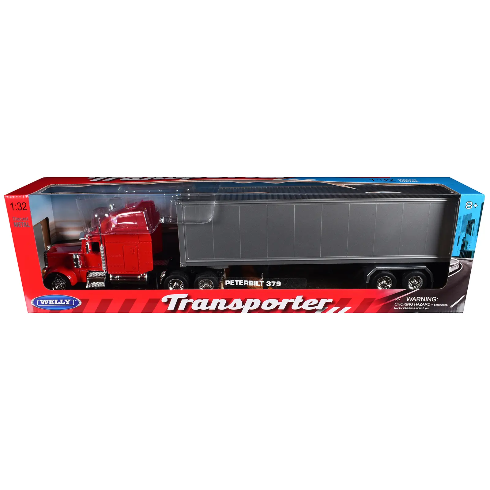 Peterbilt 379 Truck Red with Silver Container "Transporter" Series 1/32 Diecast Model by Welly
