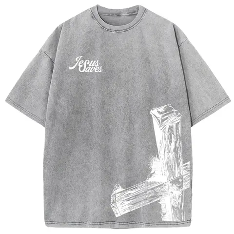 Men's Vintage Jesus Graphic Heavyweight Cotton Oversized Drop-Shoulder Crewneck T-Shirt - Christian Streetwear Clothing, Male Clothing Round Neck Casual Top