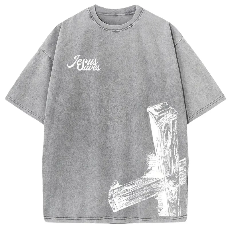 Men's Vintage Jesus Graphic Heavyweight Cotton Oversized Drop-Shoulder Crewneck T-Shirt - Christian Streetwear Clothing, Male Clothing Round Neck Casual Top