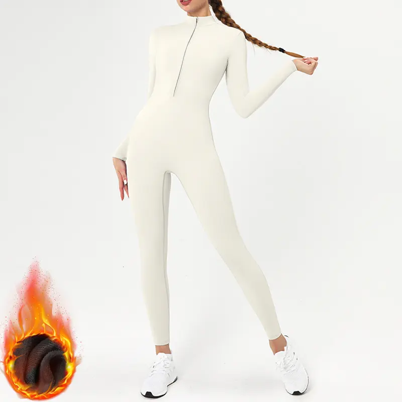 Women's Thermal Workout Bodysuit, Heat Insulating Polar Fleece Jumpsuit with Long Sleeves and a Stretch Bodycon Cut for Yoga, Slim Fit, Zip, Female, Full Length, One-Piece Yoga Bodycon Romper