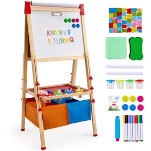 Art Easel for Kids, 3-in-1 Wooden Double-Sided Kid's Art Easel with Magnetic Whiteboard, Chalkboard, Paper Roll, Adjustable Standing Drawing Board with Painting Accessories, Storage for Boy Girl