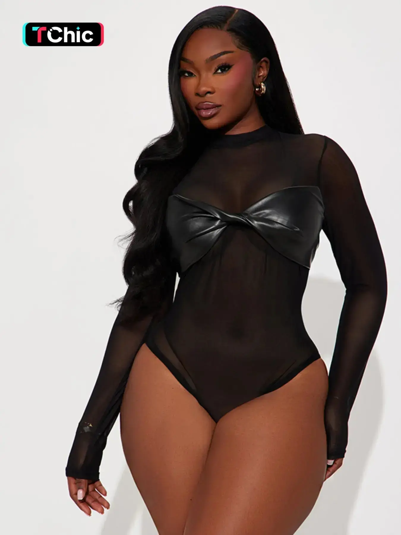 Women's Fashion Womenswear Solid Color Mesh PU Leather Long Sleeve Knot Twist Slim Fit Jumpsuit Bodysuit, All Seasons Versatile Casual Style, Black