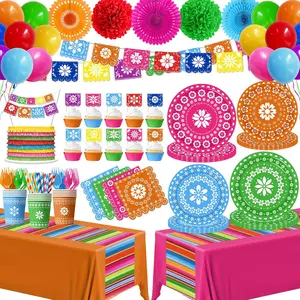 Fiesta Party Supplies Mexican Fiesta Tableware Set Colorful Papel Picado Floral Disposable Paper Plates,Napkins,Tablecloth,Cups,Balloon,Cake Topper,Banner for Cinco De Mayo Taco Party decor,Serve 24