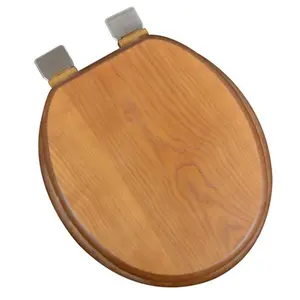 Decorative Wood Round Front Toilet Seat with Brushed Nickel Hinges, Dark Brown Oak
