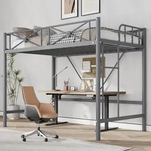 Metal Loft Bed Twin Size, Modern Heavy Duty Loftbeds with Safety Guard Rails & Space-Saving Design, Steel Twin Loft Beds for School, Bedroom, Grey