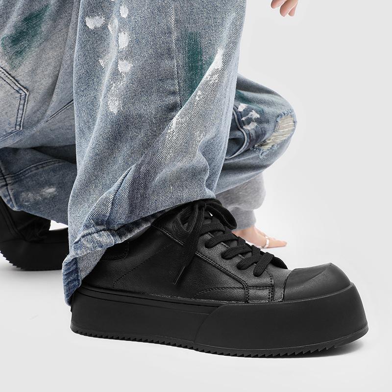 Men's Cleanfit Platform Sneakers All Black Leather-Like Simple Slim Leg Stylish