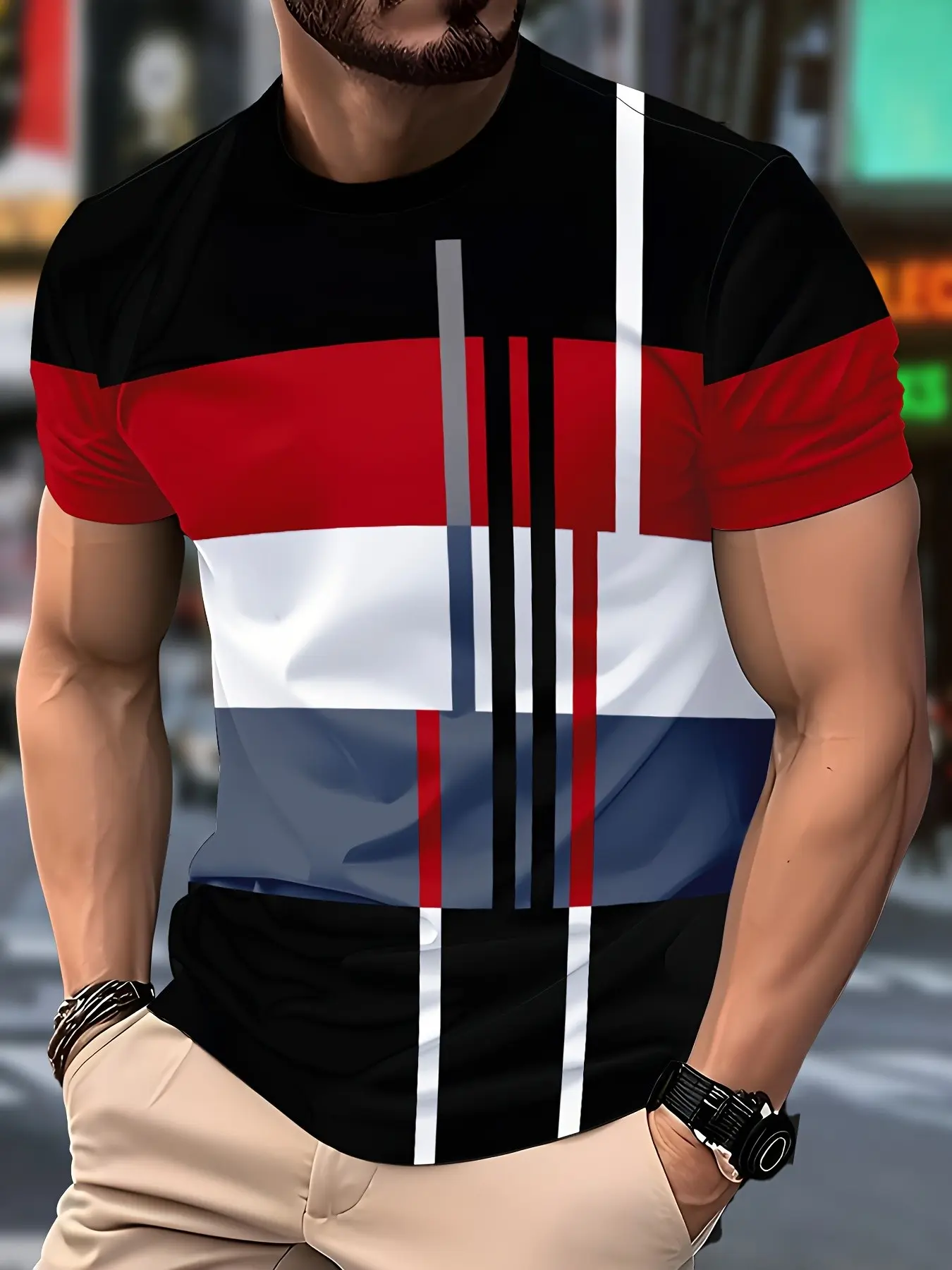 Men's Geometric Graphic Pattern Short Sleeve Fitted Classic T-Shirt, Fashion Casual Round Neck Top, Multi-Color Patchwork Design, Trendy Men's Clothing, Streetwear