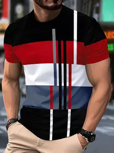 Men's Geometric Pattern Short Sleeve Fitted T-Shirt, Fashion Casual Round Neck Top, Multi-Color Patchwork Design, Trendy Men's Clothing, Streetwear