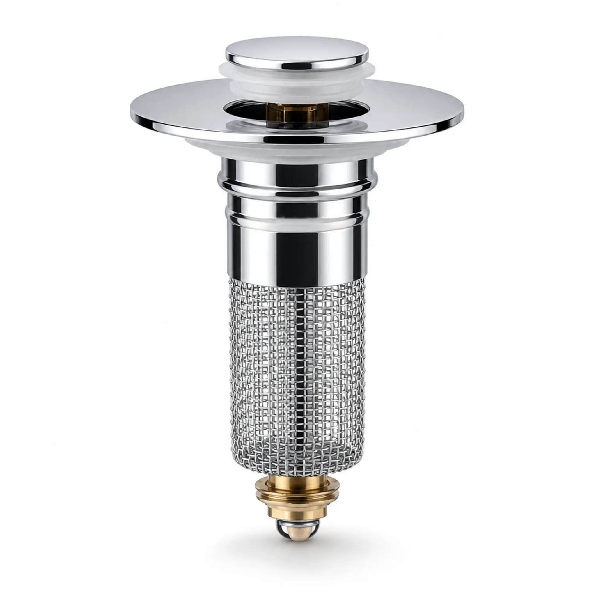 Chrome Pop-Up Sink Drain Stopper with Strainer Basket, Bathroom Sink Drain Plug with Filter, Polished Metal Wash Basin Stopper