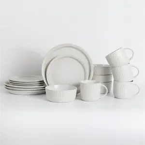 Table 12 Parchment Embossed 16-Piece Dinnerware Set, Service for 4, Stoneware Dinnerware with Reactive Glaze, Mugs, Plates and Bowls Set, Dishwasher and Microwave Safe, TD16Y50P