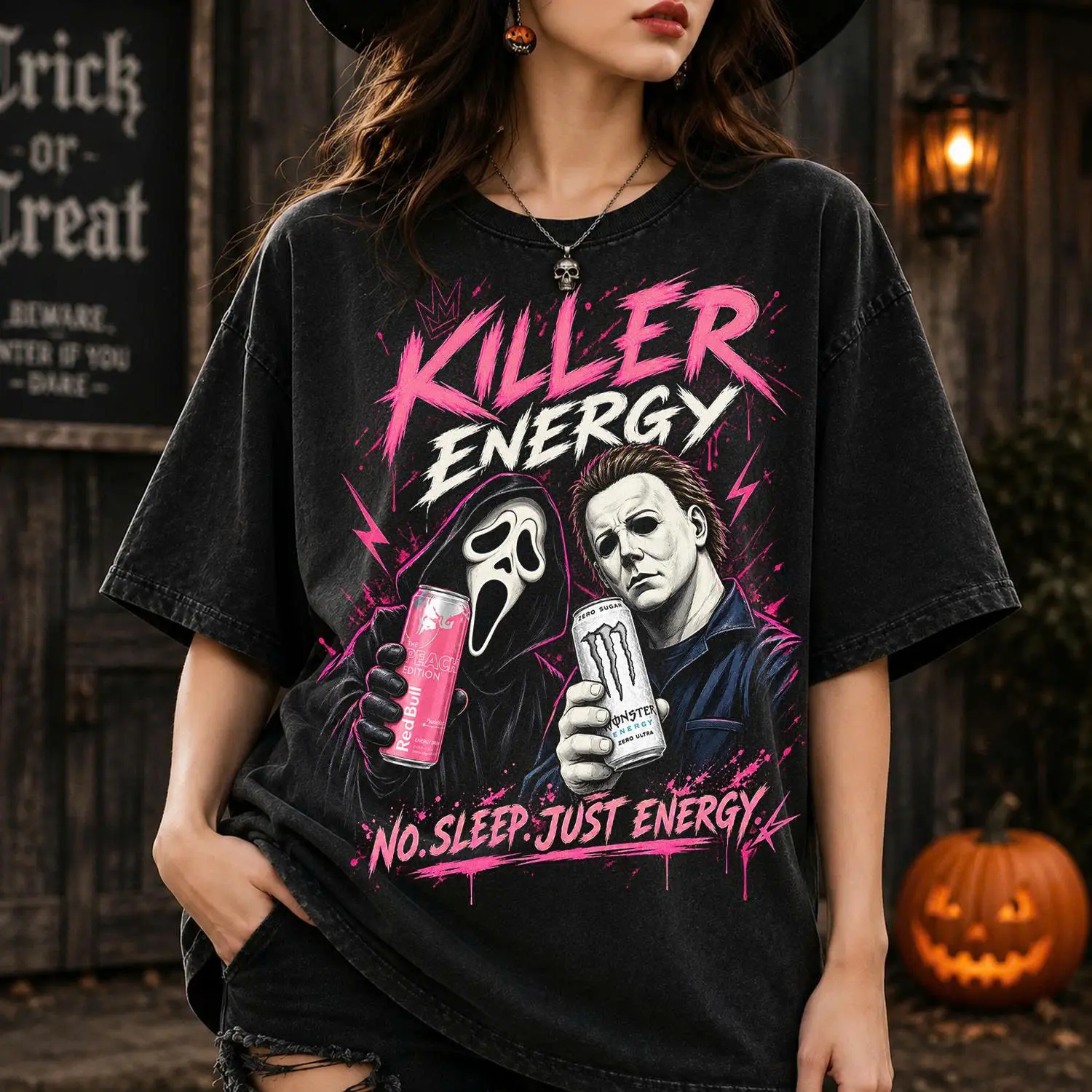 Killer Energy Halloween Shirt, Horror Movie Inspired Graphic Tee, Ghost Mask Slasher T-Shirt, Spooky Energy Drink Shirt, Halloween Horror Gift