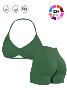 Halter V-Neck Ruched Yoga Set - 33+ Colors, Seamless 2-Piece Outfit with Removable Cups, Tummy Control High Waist & Scrunch Booty Lifting Shorts | Buttery Soft, Squat-Proof, Breathable Activewear for Gym, Yoga & Everyday Wear