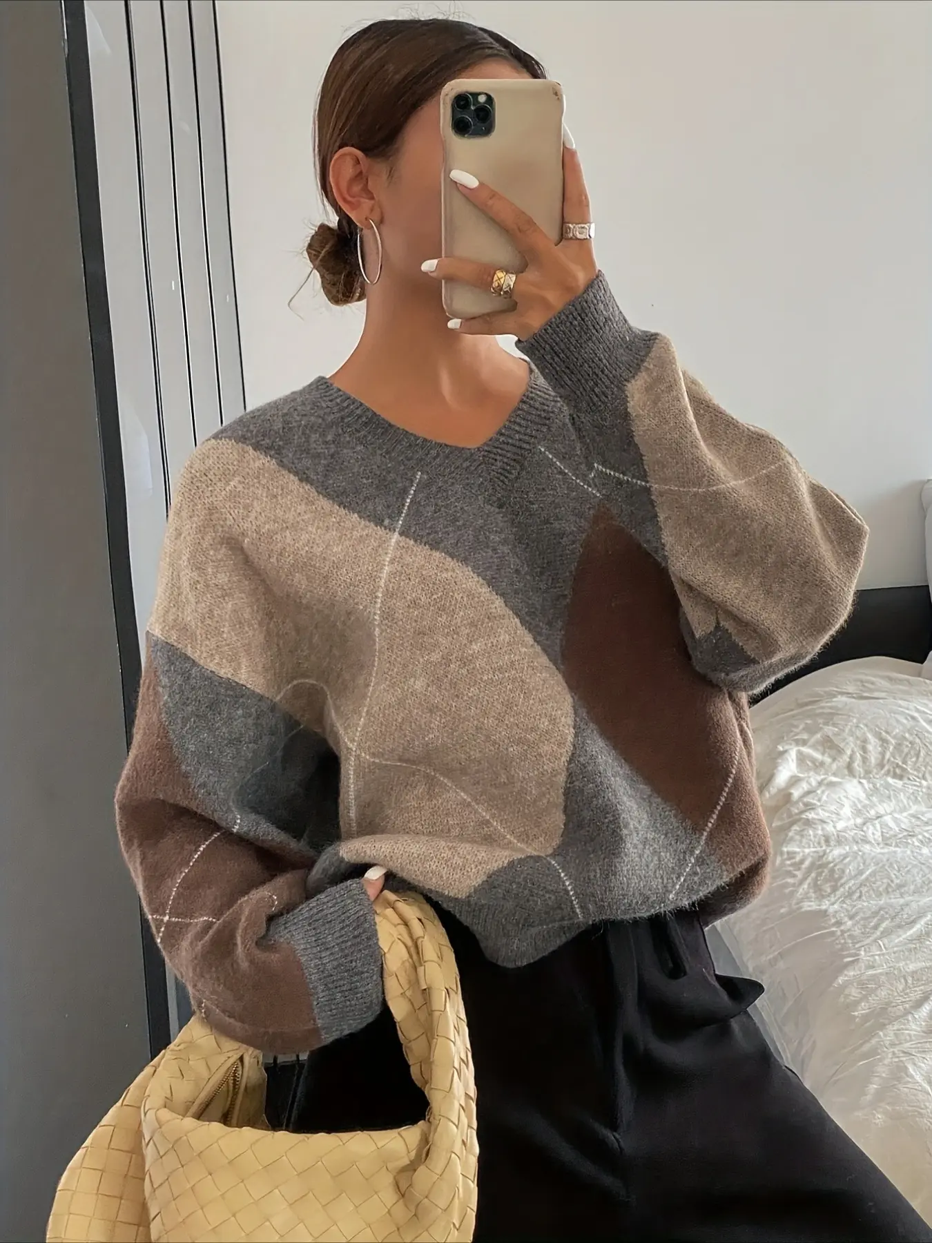 Women's V Neck Knit Sweater, Colorblock Knit Top, Casual Long Sleeve Pullover, Loose Casual Jumper, Fall Winter Essential, Comfortable Loose Fit, Versatile Outerwear, Knitwear Sweater Pullover