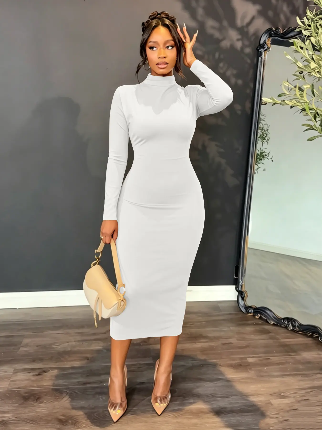 USBOUTIQUE CHIC Women's 2026 Fall Long Sleeve Slim Fit Dress Stretchy Midi Dress