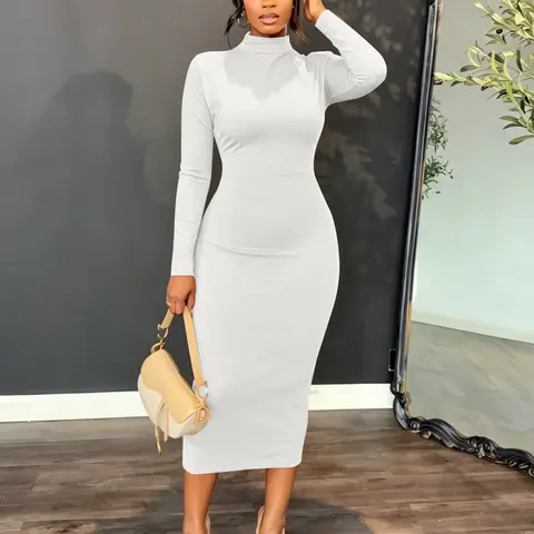 USBOUTIQUE CHIC Women's 2026 Fall Long Sleeve Slim Fit Dress Stretchy Midi Dress