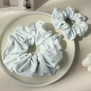Korean style blue bowknot printed large elastic hair band,a sweet and fresh hair accessory for women to make buns and ponytail