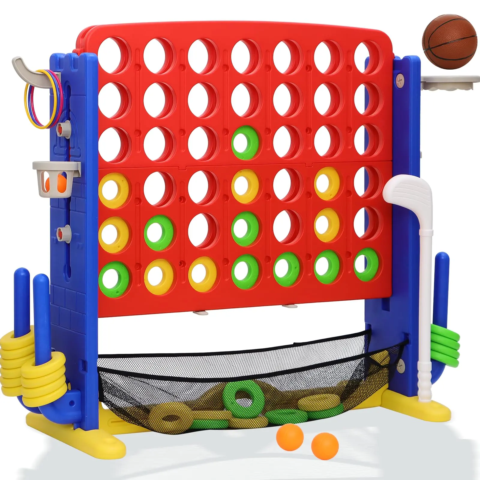 Giant 4 in A Row Game Height Adjust Connect 4 Jumbo Yard Game Set for Kids & Adults with Mesh Catching Bag Golf Basketball Hoop & Ring Toss, 4-to-Score Games for Indoor/ Outdoor Fun