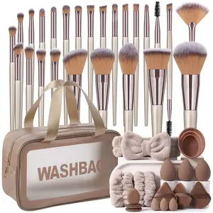 42PCS Makeup Tools Set:1pc Cosmetic Bag Waterproof+25PCS Makeup Brush Set+3PCS Makeup Sponges+3PCS Mini Makeup Sponges+3PCS Triangle Powder Puffs+3PCS Mini Air Cushion Powder Puffs+1pc Hairband+2PCS Hand Bowl Strap+1pc Makeup Brush Cleaning Tools