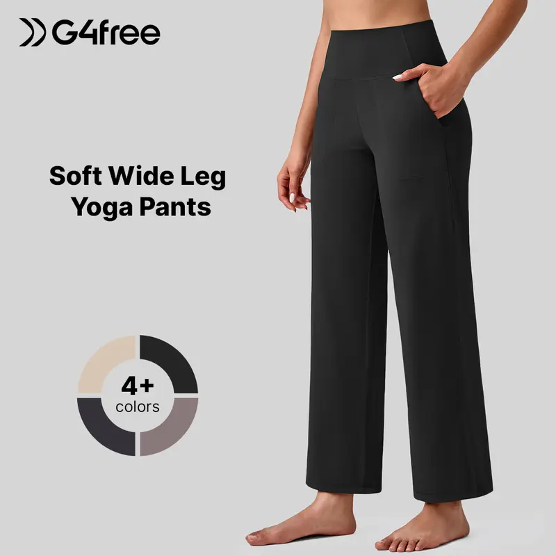 G4Free Women's BareFeel High-Stretch Wide Leg Yoga Bottoms - Soft High-Waist Ankle-Length Casual Fashion Pants, Elasticized, Comfortable Stretchy, Chic Sleek, with Pockets (25"/27"/29"), Bottom,#sohochic