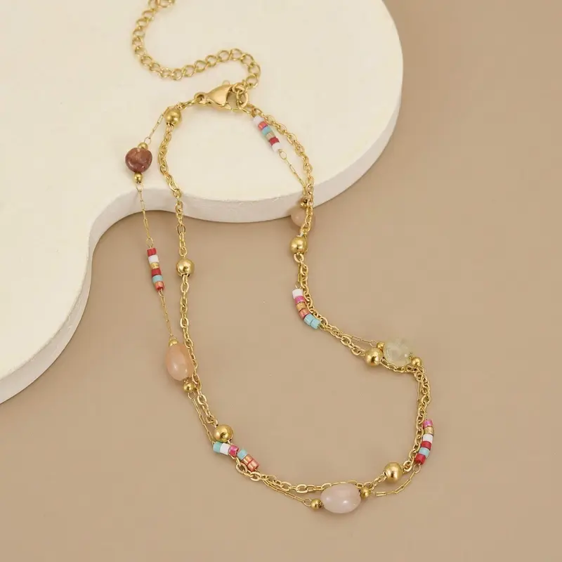 Elegant Colorful Beaded Two-Layer Stainless Steel Beach Anklet, Stylish Foot Jewelry for Women, Dainty Layered Anklet, Summer Jewelry, Trendy Jewelry, Jewellery