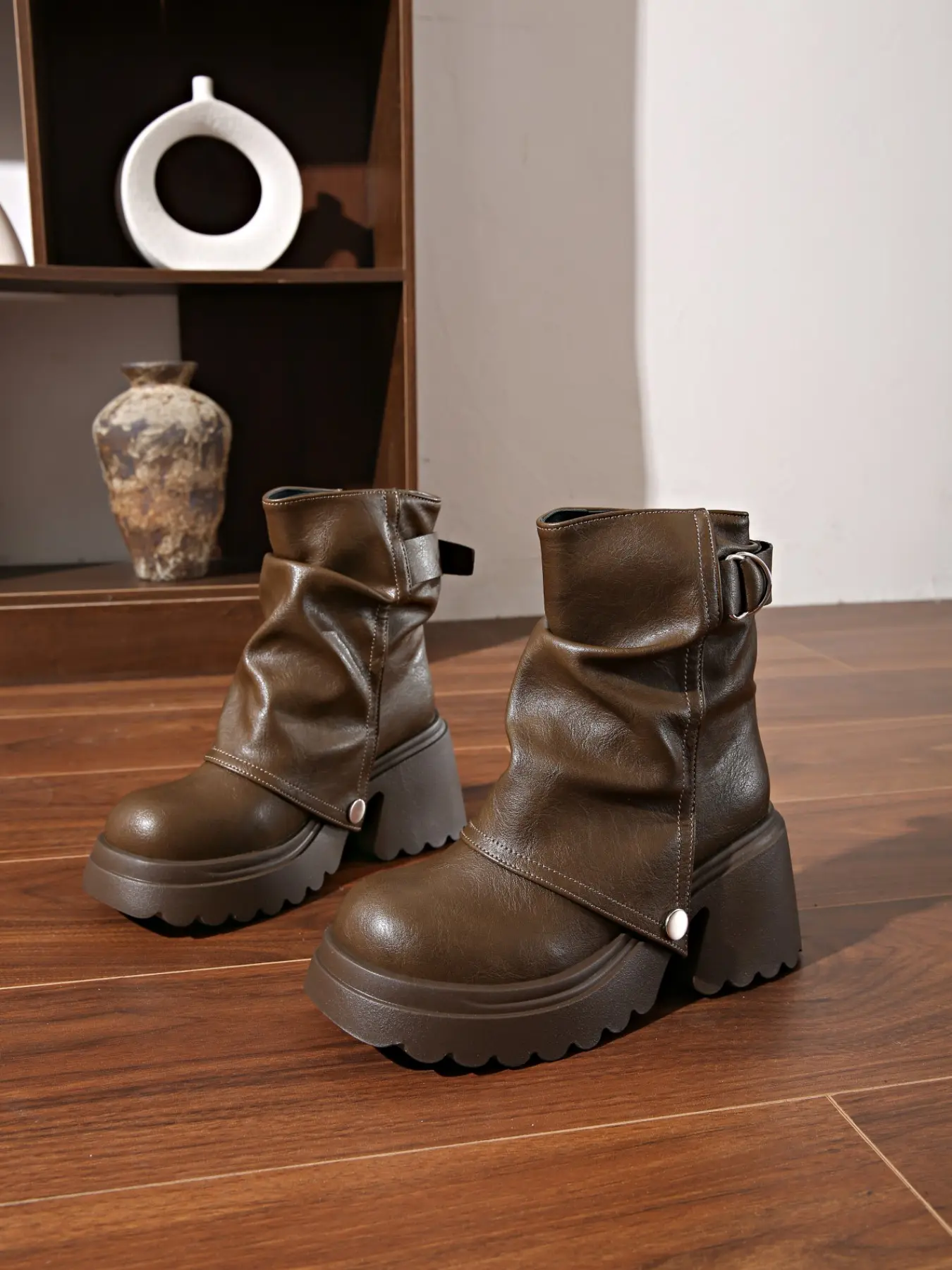 American Style Punkish Folded Edge Thick Sole Short Boots, Soft PU Comfortable Height-Boosting Platform Leather Adjustable Buckle Short Calf Boots, Multiple Colors Available