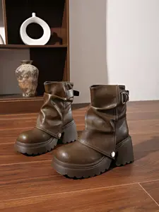 American Style Punkish Folded Edge Thick Sole Short Boots, Soft PU Comfortable Height-Boosting Platform Leather Belt Buckle Boots, Versatile Daily Wear, Multiple Colors Available